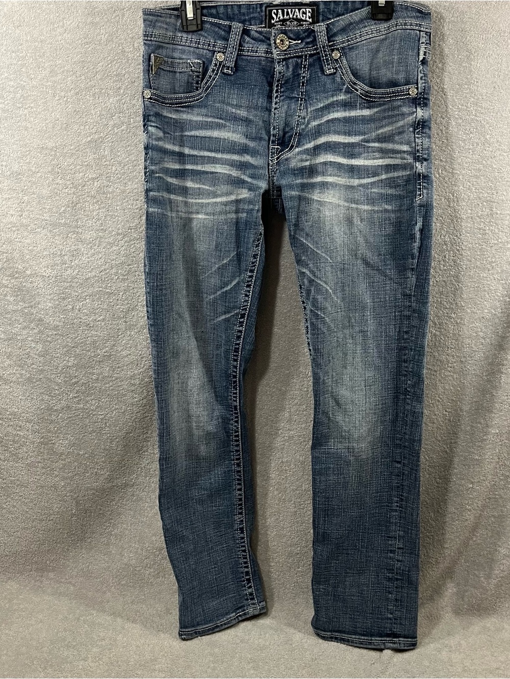 Salvage Buckle Jeans Mens 32R 32x30 Blue Mayhem Straight Leg Distressed Stretch